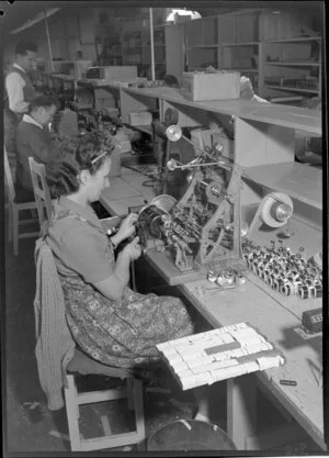 Unidentified woman at factory bench, Philips Electrical Industries of New Zealand Ltd