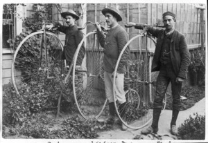 H A F Jackson, J Alexander and A G Jackson with penny farthing cycles