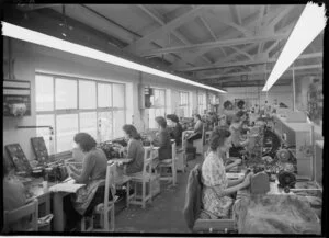 Female factory workers at benches, Philips Electrical Industries of New Zealand Ltd