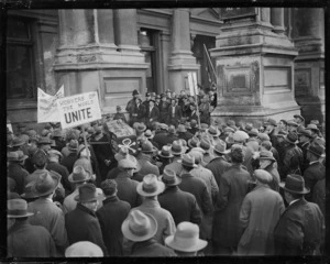 Unemployed workers' protest,Wellington Town Hall, during Depression
