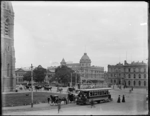 Cathedral Square, Christchurch, with electric tram