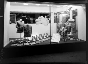 Shop window display with sweaters & map of Australia
