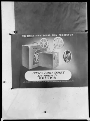 Generic advertisement for Victor 16mm Sound Film Projector with dealer information added
