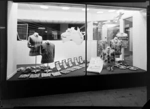 Shop window display with sweaters & map of Australia