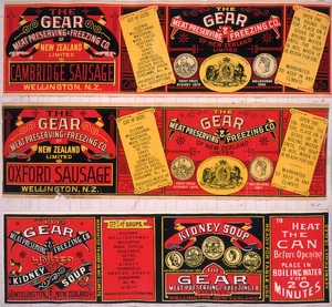 Gear Meat Company :[Three labels for Cambridge sausage; Oxford sausage; and, Kidney soup]. Gear Meat Preserving & Freezing Company of New Zealand, Wellington New Zealand. [1890-1920].