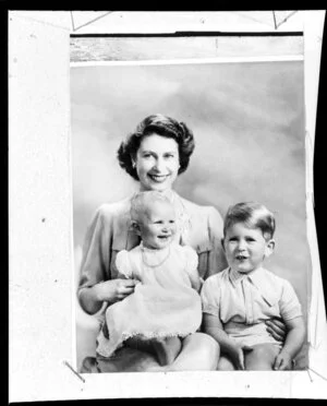 Portrait of Queen Elizabeth II seated holding Prince Charles and Princess Anne