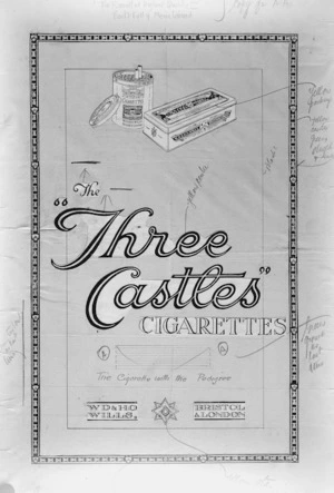 Preliminary drawing for an advertisement selling `Three Castles' cigarettes