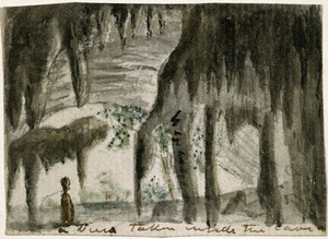 Taylor, Richard, 1805-1873 :The limestone caves at Pukemapau. View taken inside the cave. [1839?]