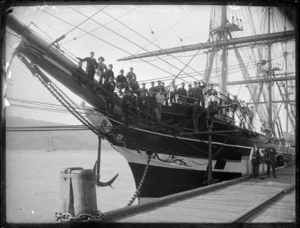 View of the crew in the bow of the sailing ship Waipa at Port Chalmers