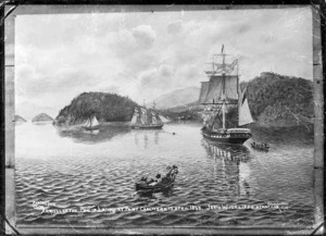 Photograph of a painting depicting the arrival of the Philip Laing at Port Chalmers 15 April 1848, with the John Wickliffe at anchor.