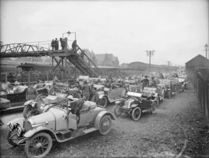 Part 2 of a 2 part panorama showing cars and soldiers outside the Christchurch Railway Station