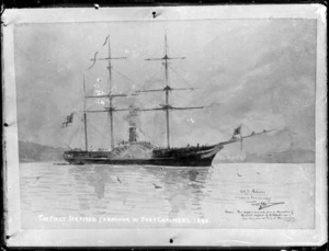 HMS Acheron at anchor in Port Chalmers in 1848, photograph from a sketch