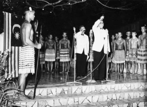 Maori concert party at NZ High Commissioner's house, Malaya, on Waitangi Day in 1961, with Malayan Prime Minister Tengku Abdul Rohman, proposing a toast to New Zealand