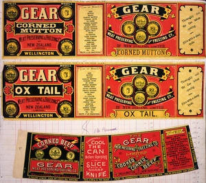 Gear Meat Company :[Three labels for Corned mutton; Ox tail; and Cooked corned beef]. Gear Meat Preserving & Freezing Company of New Zealand, Wellington New Zealand. [1890-1920].