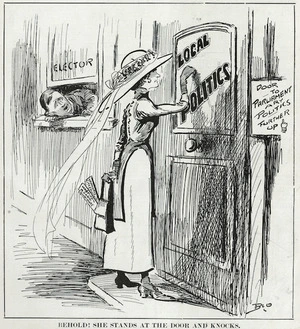 Blomfield, William, 1866-1938 :Behold, she stands at the door and knocks. New Zealand Observer April 1913.