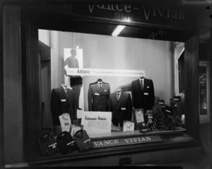 Ambassador Suits window display, Vance Vivian, Wellington