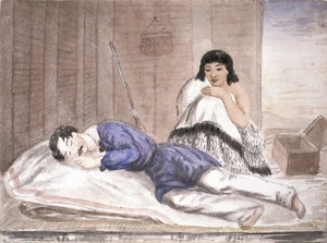 D. S. fl 1840s-1850s :[Soldier asleep in a whare, being watched over by a Maori woman. Between 1845 and 1858]