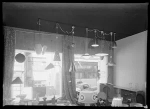 Showroom interior with lamps, fabrics & bowls