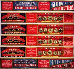 Gear Meat Company :[Six labels for Sheep trotters; Oxford sausage; Haricot mutton; Lunch beef; Tripe; and, Sheep tongues]. Gear Meat Preserving & Freezing Company of New Zealand, Wellington New Zealand. [1890-1920].