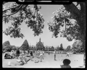 Group of unidentified men playing lawn bowls, Government Gardens, Rotorua District