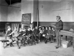 Group of boys and school master C L Wiggins, Christ's College, Christchurch