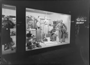 Women's fashion & Rocano shelving, window display at James Smith Ltd., Wellington