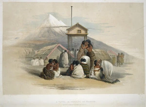 Angas, George French, 1822-1886 :A tangi, or meeting of friends. Mount Egmont in the distance. / George French Angas [delt]; J. W. Giles [lith]. Plate 52. [1847].