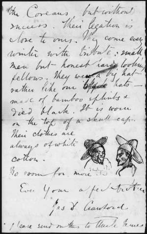 Page from letter which includes detail of Corean men's hats