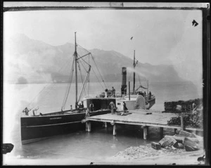 Paddle steamer Mountaineer berthed at Kinlock, Lake Wakatipu - Photograph taken by the Burton Brothers