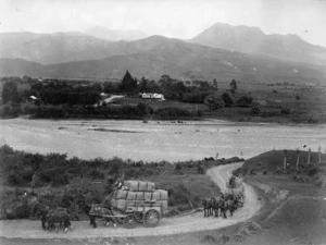 Hargreaves, Frederick Ashby, 1854-1946 : Wool being transported by horse-drawn wagons in the Gisborne Region