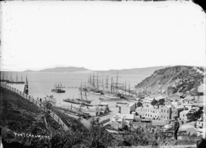 View of old Port Chalmers looking from the hill above the harbour, looking down towards the wharves.