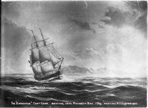Photograph of an oil painting of the sailing ship 'Endeavour' beating into Poverty Bay, 1769, painted by M.T. Clayton in 1905