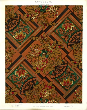 George Harrison & Co (Bradford) :Linoleum, 2 yards wide. [Victorian chinoiserie fan, peony and leaf pattern]. No. 150/1. Pattern shown half size. [1880s?]