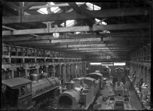 Petone Railway Workshops engine erecting shop, locomotive construction shed, in 1910.