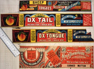Wellington Meat Export Company Ltd :[Three labels for Peach brand sheep tongues; Peach brand stewed ox-tail; Peach brand compressed cooked ox tongue; and, The Wellington Meat Preserving and Refrigerating Company Limited Wellington, NZ. Label for corned mutton. 1890-1920].