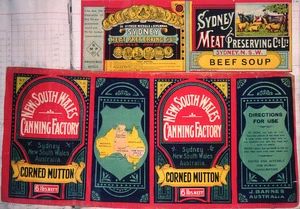 [Two labels] :Sydney Meat Preserving Company Ltd, Sydney, N.S.W. Beef soup; and, New South Wales Canning Factory (Sydney). Corned mutton. [Both 1890-1920?].