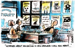Evans, Malcolm Paul, 1945-: "Worried about holidaying in New Zealand - well how about..." 1 April 2011