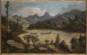 Blomfield, Charles, 1848-1926 :[Coromandel scene showing Castle Rock, a river and bush] 1878