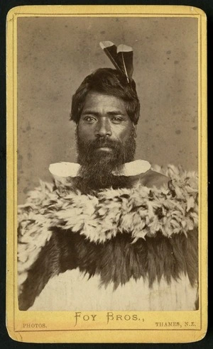 Foy Brothers (Thames) :Unidentified Maori man wearing huia feathers and feather cloak, Thames district