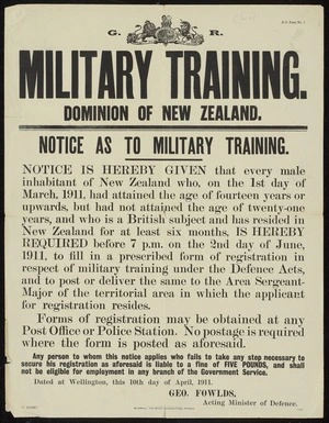 New Zealand. Ministry of Defence :Military training. Dominion of New Zealand. 10 April, 1911.