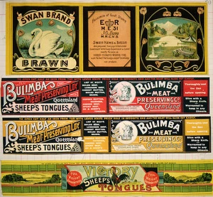 [Four canned meat labels :Swan Hams & Bacon. Swan brand brawn; Bulimba Meat Preserving Co, Queensland. Sheep's tongues (two different); and; Victory sheep tongues. 1900-1920?].