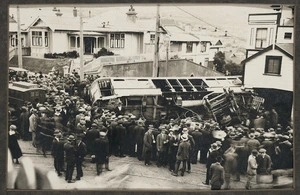 Tram accident on the corner of Pirie and Brougham Streets, Mt Victoria, Wellington