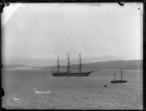 Sailing ship Westland flying bunting, in Otago Harbour.
