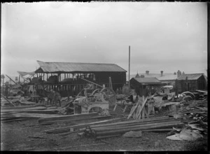 The Bailey, Austin & Arcus timber yards (19 Hutt Road, Petone) after a fire, in 1910.