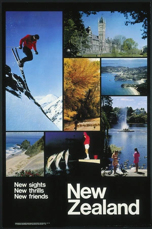 New Zealand Tourist and Publicity Department :New Zealand; new sights, new thrills, new friends. Produced by New Zealand Tourist and Publicity Department. A.R. Shearer, Government printer, Wellington, New Zealand. H.O. 119. 1973.