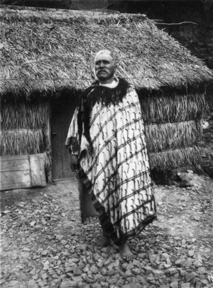 Wright, Henry Charles Clarke, 1844-1936 : Maori man wearing a korowai cloak at Karaka Bay, Wellington