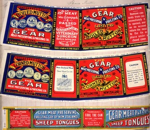 Gear Meat Company :[Three labels for Boiled mutton; Corned mutton; and, Sheep tongues]. Gear Meat Preserving & Freezing Company of New Zealand, Wellington New Zealand. [1890-1920].