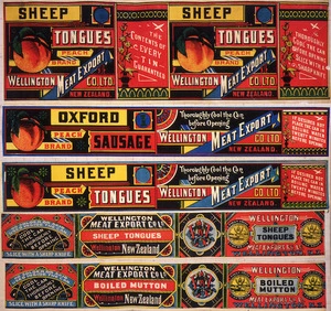 Wellington Meat Export Co Ltd :[Five canned meat labels, for Sheep tongues (three different); Oxford sausage; and, Boiled mutton. 1890-1920].