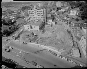Aerial view of construction site of Reserve Bank of New Zealand and Bowen Street, Wellington