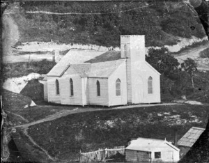 View of the first Presbyterian Church, Port Chalmers. Taken between October 1852 when first opened, and 1871 when replaced by the second church which was opened in 1872, on the same site in Mount Street, Port Chalmers.